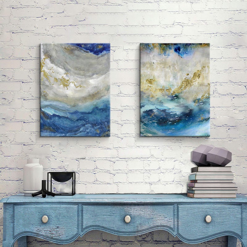 Hardy Gallery Blue Abstract Canvas Wall Art: Beige Print Picture Artwork for Bathroom without hand painted gold foils for Small Size(16'' x 12'' x 2 Panels) - Image 2