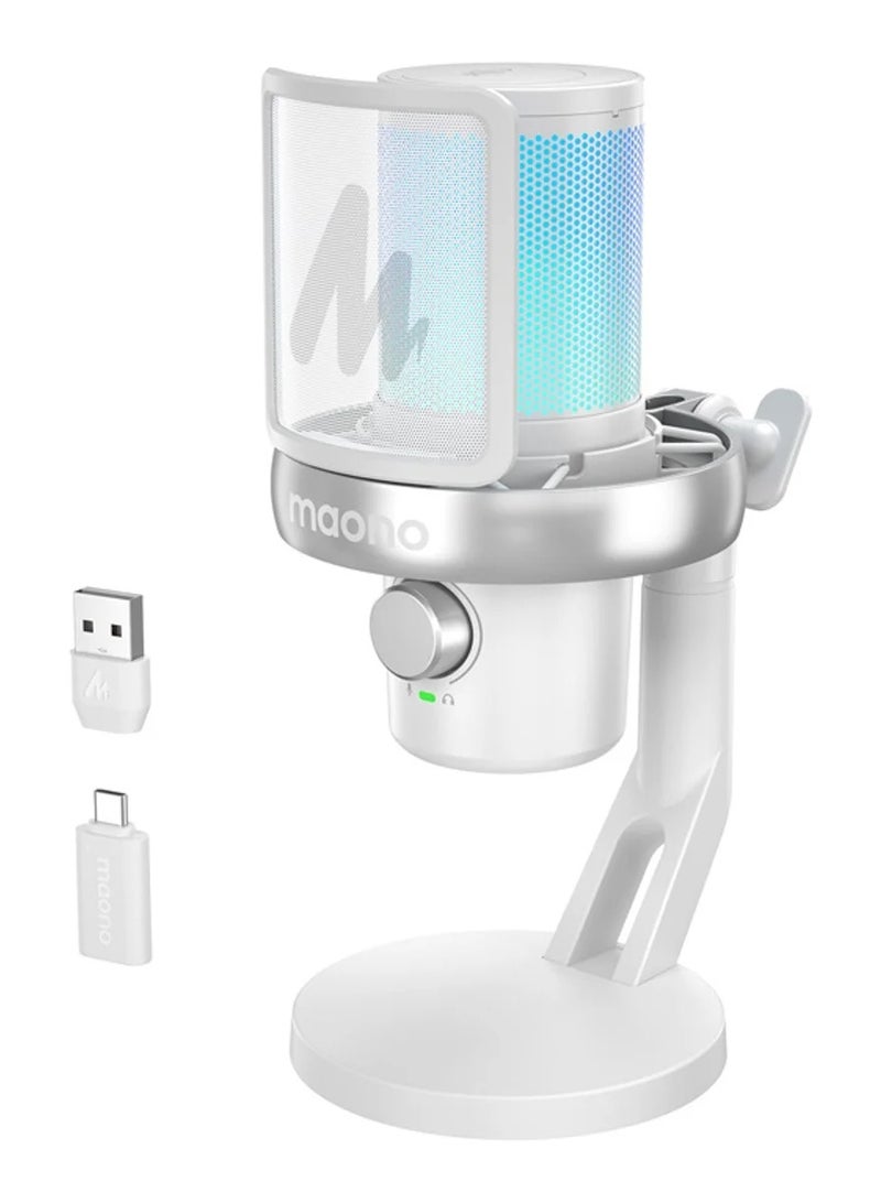 MAONO DM40 Pro Wireless Microphone for Streaming, Gaming & Content Creation | Condenser Mic with AI Noise Cancellation, AI Voice Changer, RGB Lighting & Up to 75 Hours Battery Life | Ideal for Podcasting, YouTube and Gaming | White - Image 1