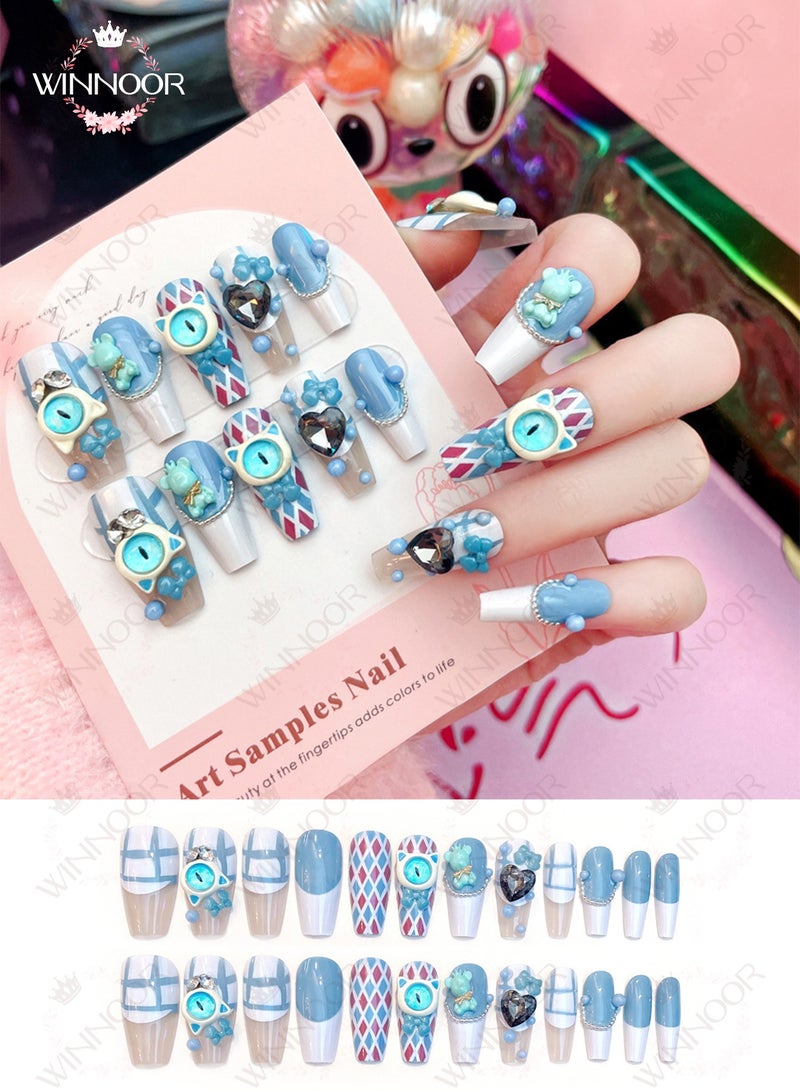وينور WINNOOR 24 قطعة أظافر صناعية بالضغط بتصميم عين القط الأزرق ونمط الدب ثلاثي الأبعاد، أظافر اصطناعية - Image 3