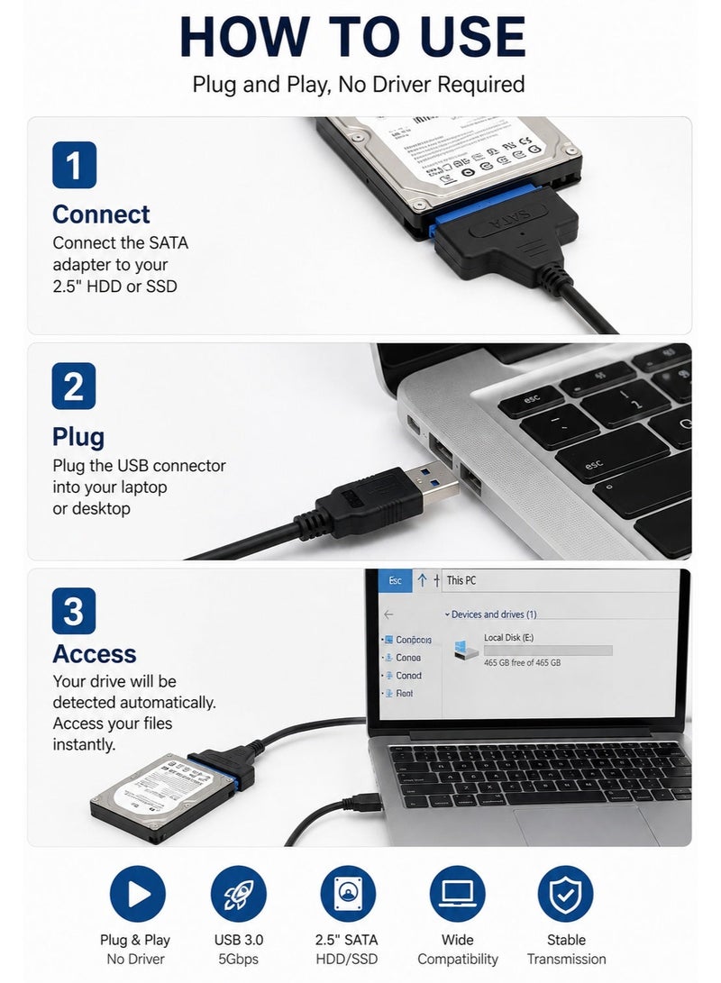 محول USB 3.0 إلى SATA لأقراص SSD و HDD مقاس 2.5 بوصة – قارئ هارد خارجي سريع 5Gbps – تشغيل مباشر بدون تعريف - Image 3