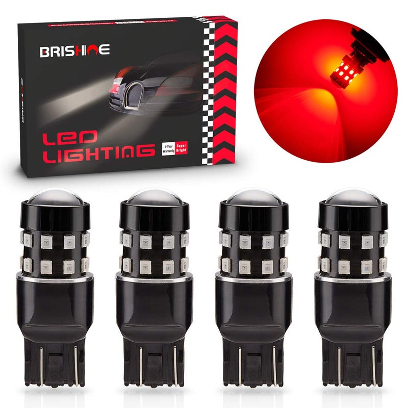 مصابيح LED BRISHINE 4Pack فائقة السطوع 7443 7440 7444 992 T20 باللون الأحمر اللامع 930V غير قطبي 24SMD شرائح LED مع بروجيكتور لإضاءة الفرامل وإضاءة الذيل وإشارات الانعطاف