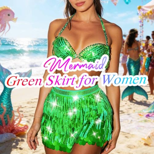 Nicute St Patricks Day Skirt Sequin Green Skirt Sparkly Mermaid Skirt Tassle Mermaid Costume for Women (Green) - Image 2