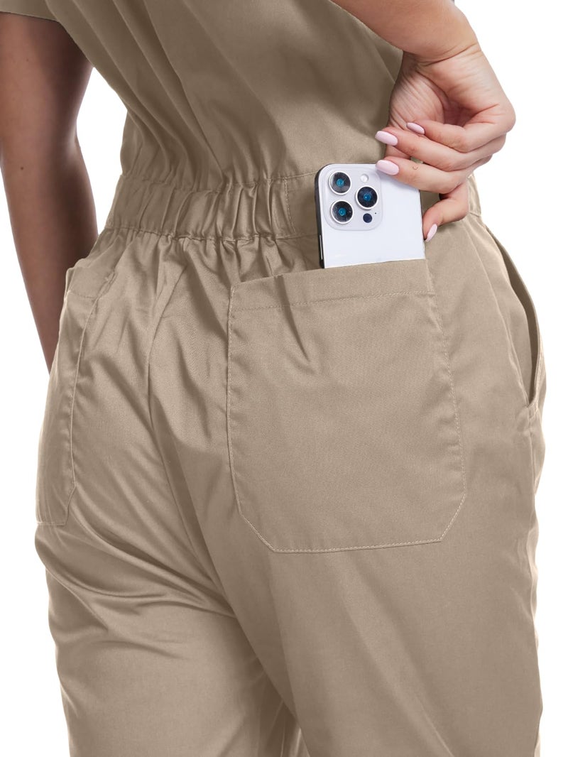 WORK IDEA Women's Short Sleeve Coverall Lightweight Snap-Front Cotton Work Jumpsuit, Khaki, L - Image 5