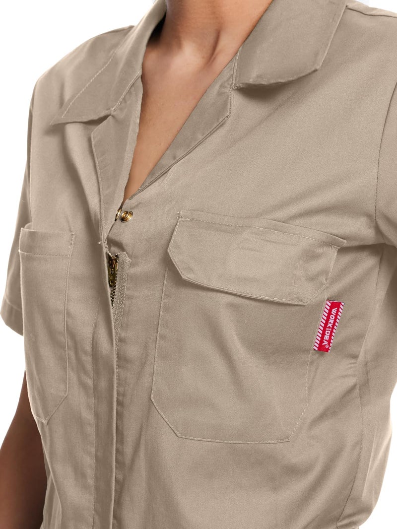 WORK IDEA Women's Short Sleeve Coverall Lightweight Snap-Front Cotton Work Jumpsuit, Khaki, L - Image 4