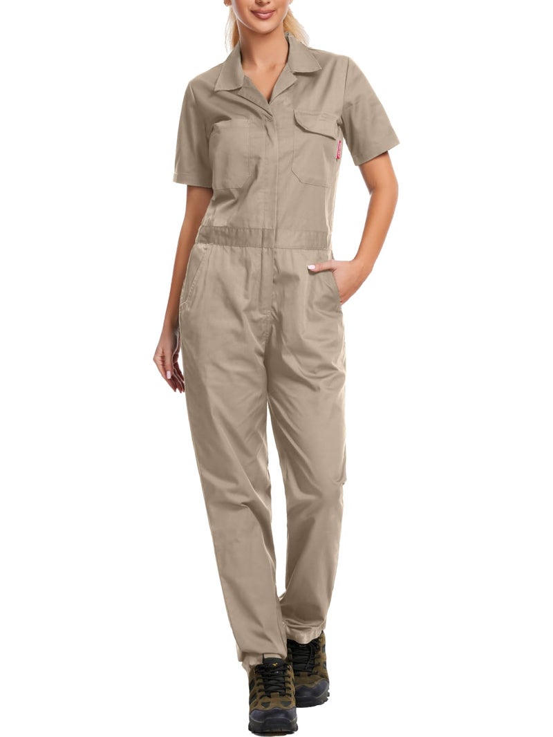 WORK IDEA Women's Short Sleeve Coverall Lightweight Snap-Front Cotton Work Jumpsuit, Khaki, L - Image 1