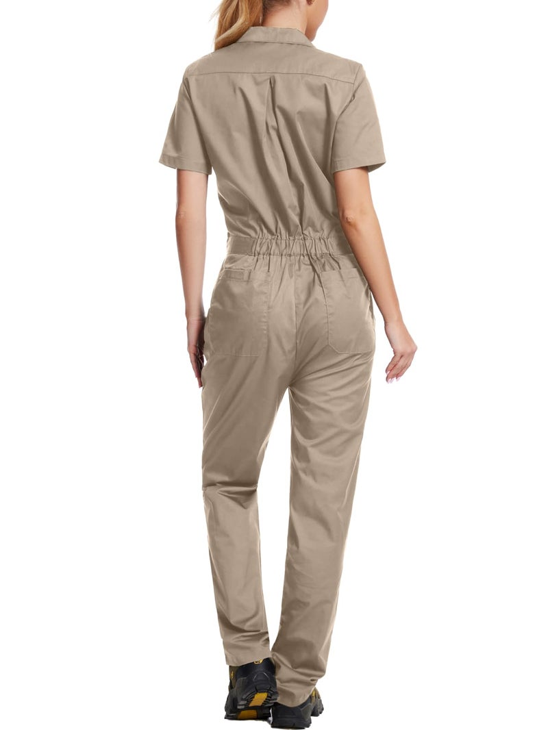 WORK IDEA Women's Short Sleeve Coverall Lightweight Snap-Front Cotton Work Jumpsuit, Khaki, L - Image 2