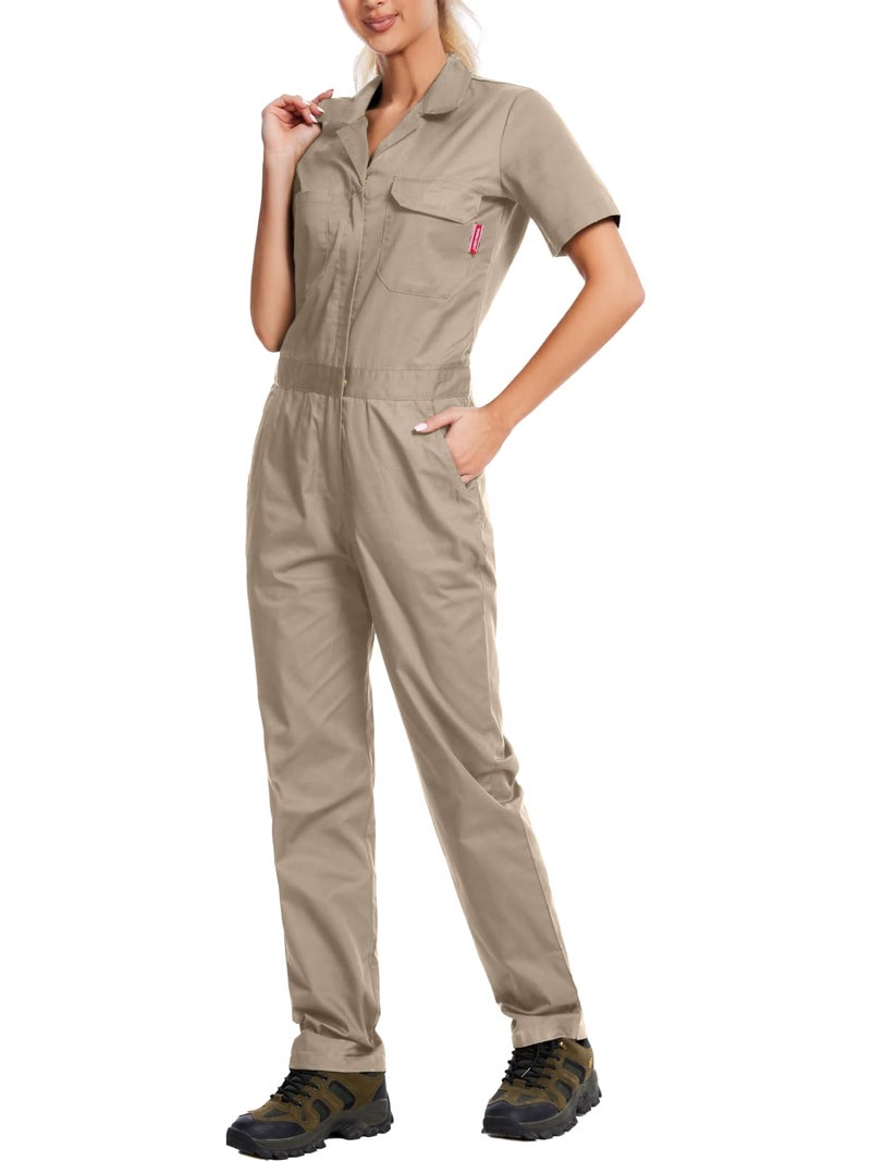 WORK IDEA Women's Short Sleeve Coverall Lightweight Snap-Front Cotton Work Jumpsuit, Khaki, L - Image 3