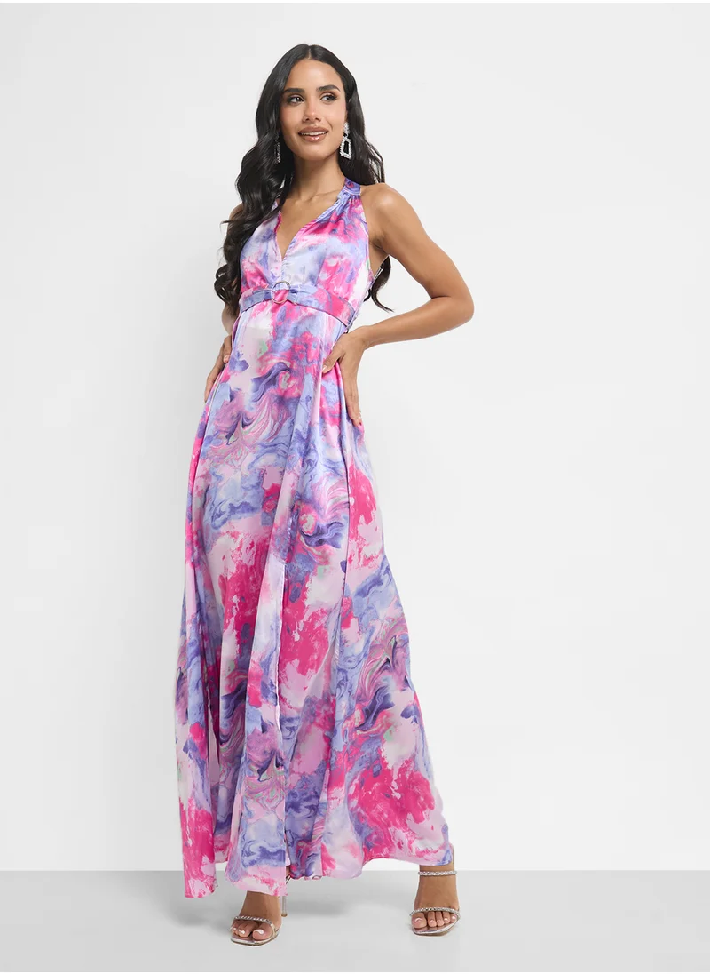 Ginger Plunge Neck Floral Print A Line Dress With Slit