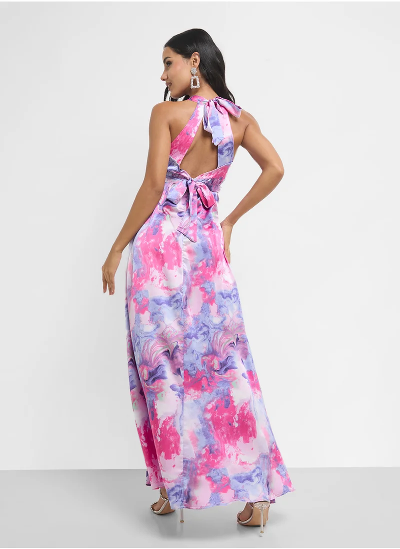 Ginger Plunge Neck Floral Print A Line Dress With Slit