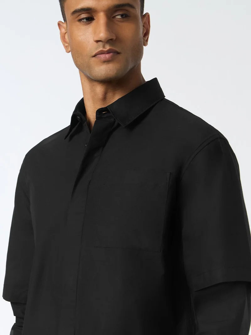 The Souled Store  The Souled Store: Black Void Men and Boys Long Sleeve Spread Collar Solid Cotton Regular Shirt  | Best Price UAE