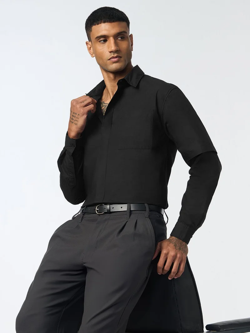 The Souled Store  The Souled Store: Black Void Men and Boys Long Sleeve Spread Collar Solid Cotton Regular Shirt  | Best Price UAE