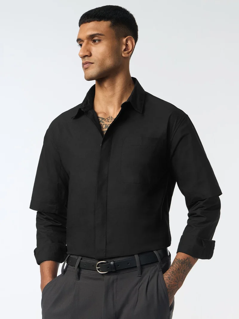 The Souled Store: Black Void Men and Boys Long Sleeve Spread Collar Solid Cotton Regular Shirt