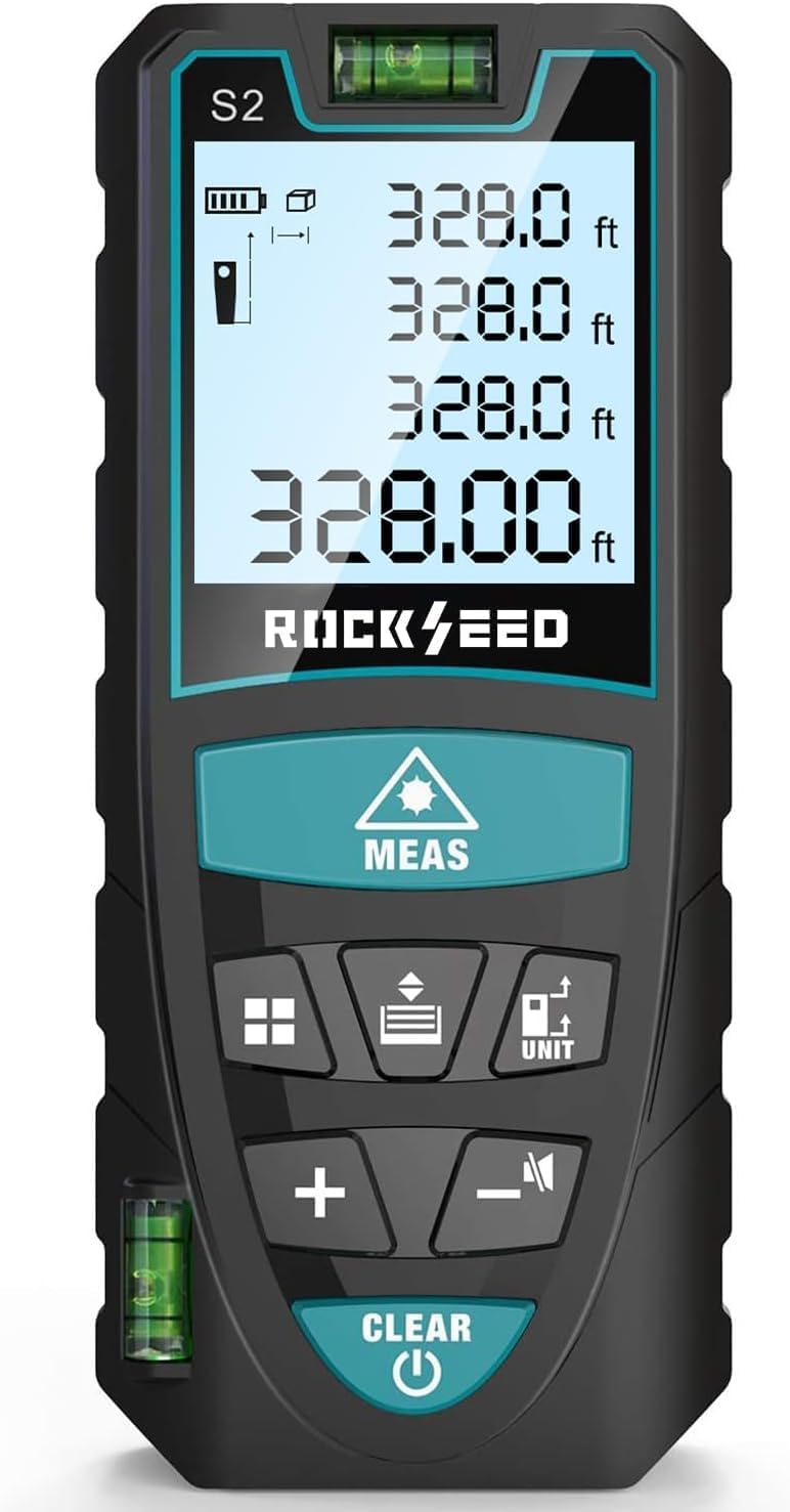ALLESM Laser Meter,50M/165ft Digital Laser Distance Meter with 2 Bubble Levels,M/In/Ft Unit switching Backlit LCD and Pythagorean Mode, Measure Distance, Area and Volume - Image 1