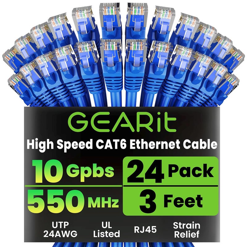 GearIT Cat 6 Ethernet Cable Pack - 24-Pack 3 ft Cat6 Ethernet Patch Cables | RJ45 Network Patch Cable, 10 Gbps Snagless Gold-Plated Connectors - Ethernet Cable Cat 6 for PC, TV, Router - Blue - Image 1