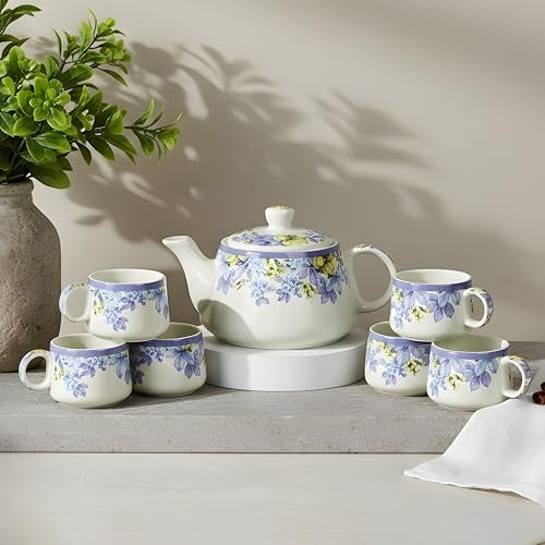 CRAF10 Handcrafted Ceramic Blue Lilac Floral Print Teapot Cup Set - 1 Kettle (1 Litre) & 6 Cups (160 ML), Microwave & Dishwasher Safe | Morning Set | Tea Sets with Kettle - Image 2