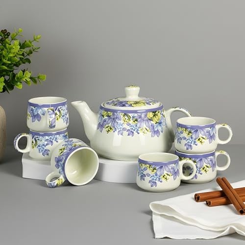 CRAF10 Handcrafted Ceramic Blue Lilac Floral Print Teapot Cup Set - 1 Kettle (1 Litre) & 6 Cups (160 ML), Microwave & Dishwasher Safe | Morning Set | Tea Sets with Kettle - Image 1