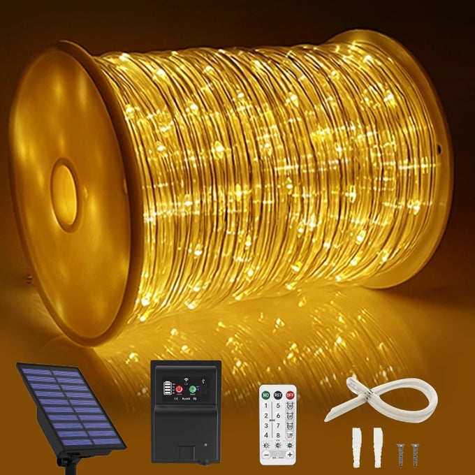 164 FT 1000 LED ROPE LIGHTS SOLAR POWERED WATERPROOF STRING LIGHTS 8 MODES OUTDOOR TUBE LIGHT COPPER WIRE FAIRY LIGHTS FOR CHRISTMAS GARDEN FENCE YARD PARTY POOL WEDDING DECOR 1000 LED YELLOW