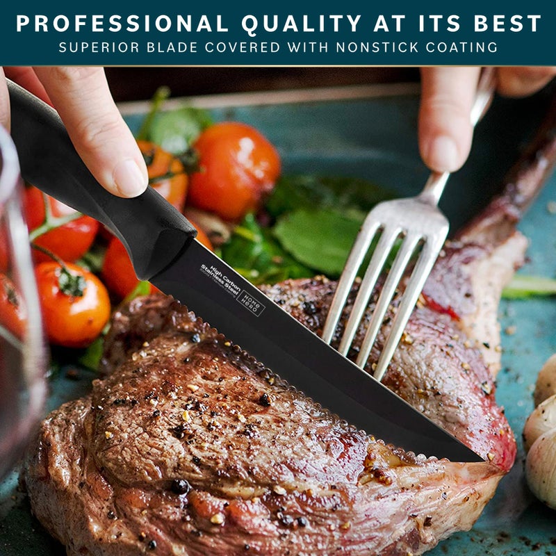 HomeHero Home Hero Steak Knife Set - Effortless Cutting & Serrated Steak Knives - Rust-Resistant Stainless Steel Blades & Cutlery Set - Comfort-Grip Handles & Kitchen Knife Set - Pack of 4, Black - Image 2