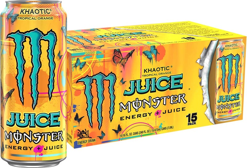 Monster Energy Juice Monster Khaotic Tropical Orange, Energy + Juice, Energy Drink, 16 Ounce (Pack of 15) - Image 1