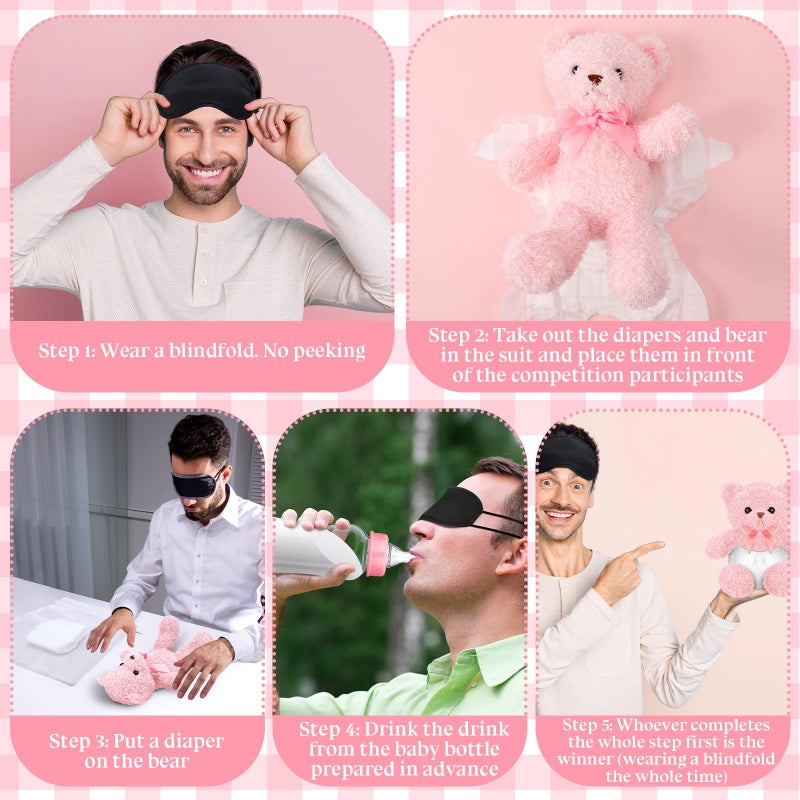 Yearntown 6 Set Bottle Chug Pink Baby Shower Games Bear Blindfolded Diaper Changing Games Kits Plastic Bottles Disposable Diapers Blindfold Eye Masks Bear Baby Shower Party Guest Gifts - Image 2