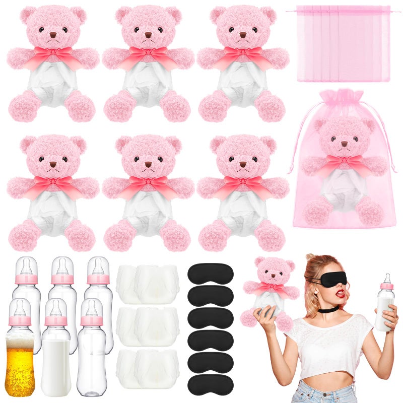 Yearntown 6 Set Bottle Chug Pink Baby Shower Games Bear Blindfolded Diaper Changing Games Kits Plastic Bottles Disposable Diapers Blindfold Eye Masks Bear Baby Shower Party Guest Gifts - Image 1