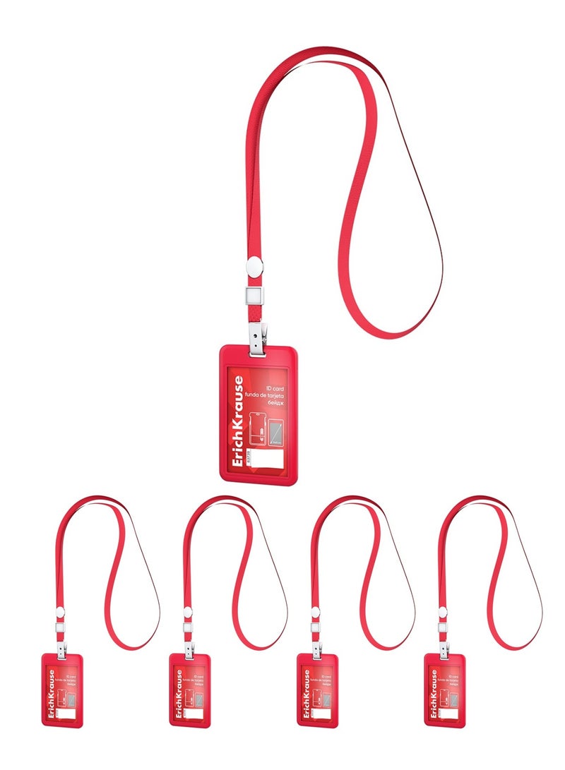 ErichKrause 5-Piece Hard Plastic Vertical ID Card Holder With Lanyard Red - Image 1