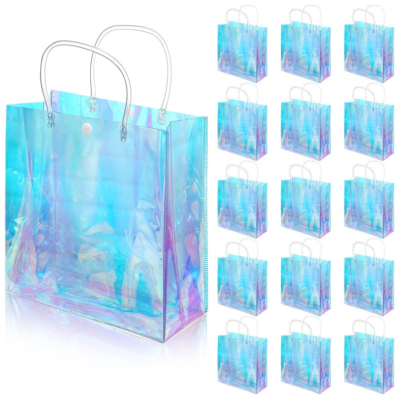Sherr 16 Pcs Holographic Small Gift Bag Reusable Iridescent Clear Bags for Women PVC Plastic Goodie Holder with Handles for Shopping Christmas Holiday Gift Party Favor(7.87" x 7.87" x 3.15",Rainbow) - Image 1