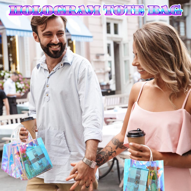 Sherr 16 Pcs Holographic Small Gift Bag Reusable Iridescent Clear Bags for Women PVC Plastic Goodie Holder with Handles for Shopping Christmas Holiday Gift Party Favor(7.87" x 7.87" x 3.15",Rainbow) - Image 5