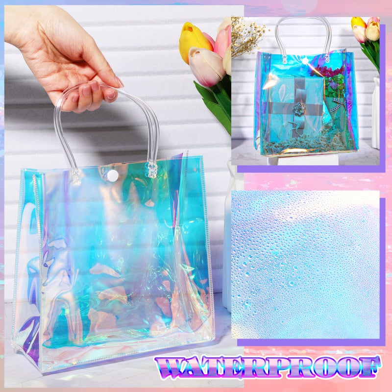Sherr 16 Pcs Holographic Small Gift Bag Reusable Iridescent Clear Bags for Women PVC Plastic Goodie Holder with Handles for Shopping Christmas Holiday Gift Party Favor(7.87" x 7.87" x 3.15",Rainbow) - Image 3