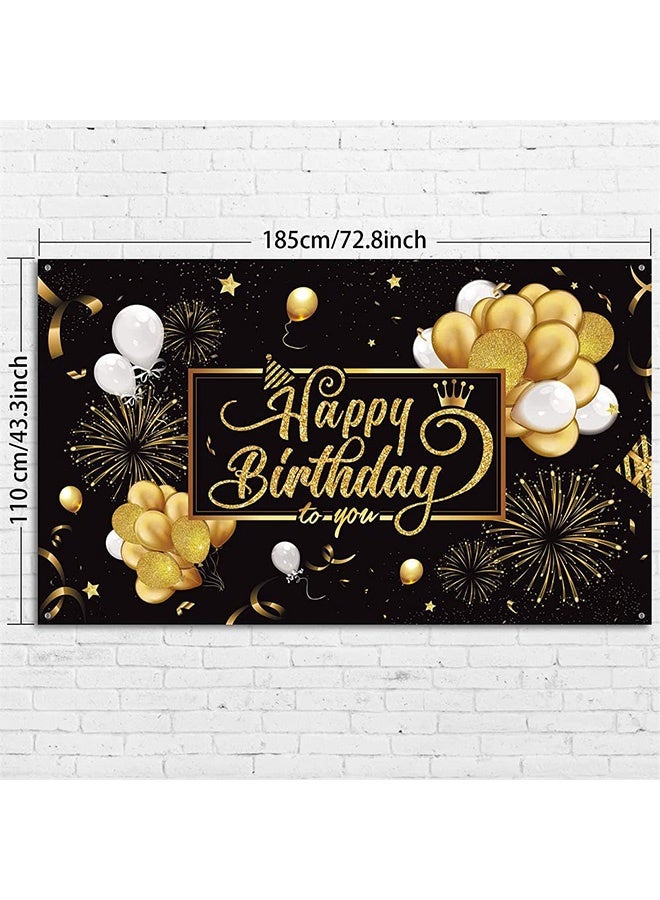 Peachjoy Birthday Backdrop Banner, Large Black Gold Balloon Star Fireworks Party Sign Poster Photo Booth Backdrop for Men Women Birthday Party Decorations, 72.8 x 43.3 Inch - Image 2