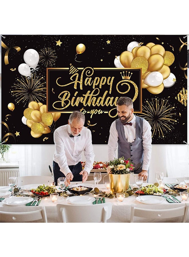 Peachjoy Birthday Backdrop Banner, Large Black Gold Balloon Star Fireworks Party Sign Poster Photo Booth Backdrop for Men Women Birthday Party Decorations, 72.8 x 43.3 Inch - Image 3