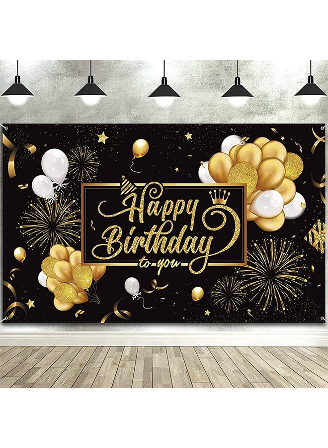 Peachjoy Birthday Backdrop Banner, Large Black Gold Balloon Star Fireworks Party Sign Poster Photo Booth Backdrop for Men Women Birthday Party Decorations, 72.8 x 43.3 Inch - Image 1