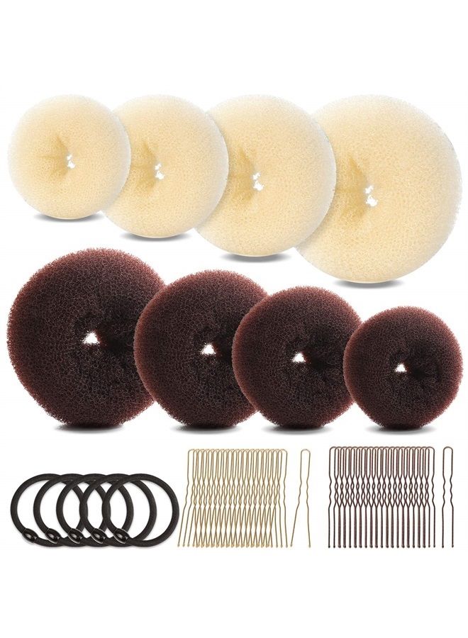 FANDAMEI Hair Bun Maker Set, FANDAMEI Donut Bun Maker Set With 4pcs Dark Brown &4pcs Beige(2 extra-large,2 large,2 medium and 2 small), 5 pieces Hair Elastic Bands, 40 pieces Hair Bobby Pins (Brown and Gold) - Image 1