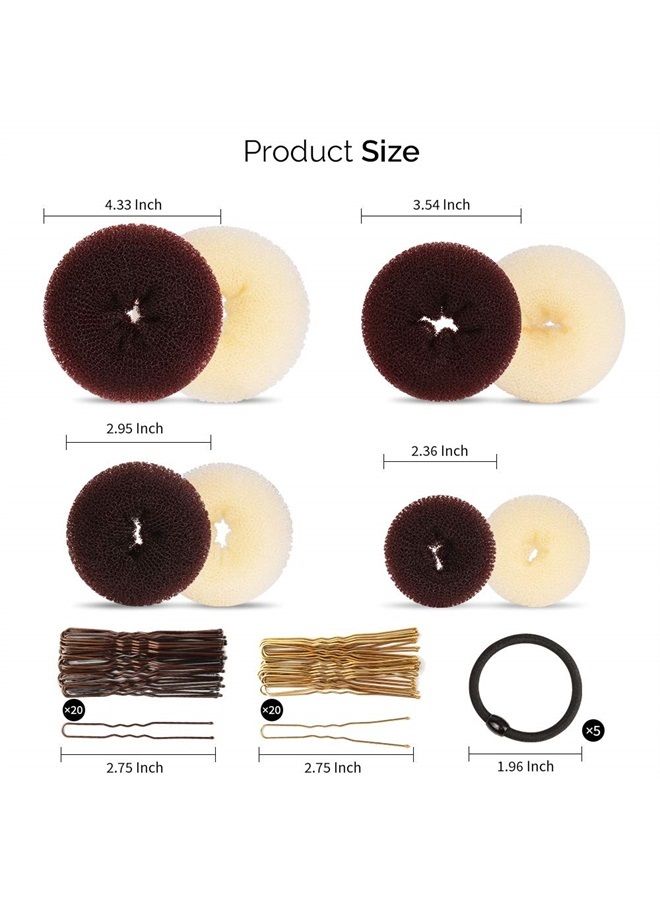 FANDAMEI Hair Bun Maker Set, FANDAMEI Donut Bun Maker Set With 4pcs Dark Brown &4pcs Beige(2 extra-large,2 large,2 medium and 2 small), 5 pieces Hair Elastic Bands, 40 pieces Hair Bobby Pins (Brown and Gold) - Image 3