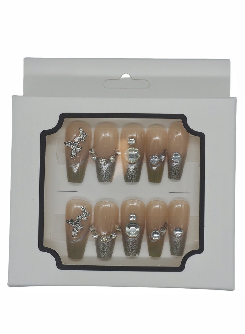 French Press-on Nails 24 Pieces: Crystal Butterfly Ombre Artificial Nails - Classy & Elegant Insta Style. Safe Removal at Home + Glue Kit. - Image 1