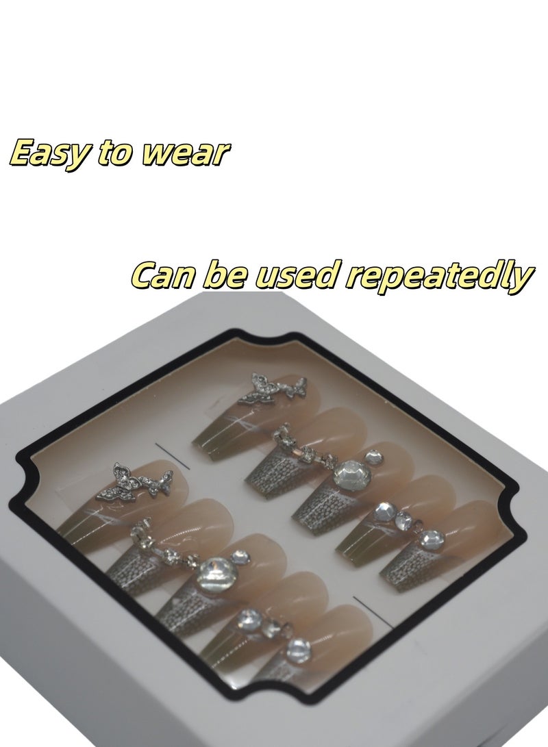 French Press-on Nails 24 Pieces: Crystal Butterfly Ombre Artificial Nails - Classy & Elegant Insta Style. Safe Removal at Home + Glue Kit. - Image 2