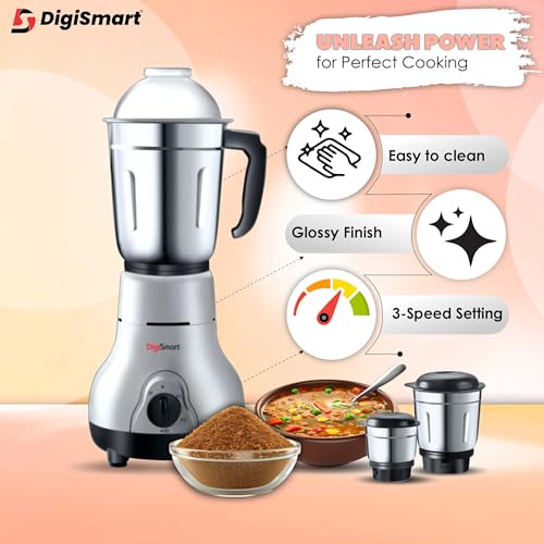 Digismart Kitchen Mate 3 Jar Mixer Grinder for Smoothies, Chutney & Shakes, Long Lasting Shock Proof Abs Body, Powerful 600 Watt Heavy Duty Motor, 2 Years Warranty (Grey and Black) - Image 2
