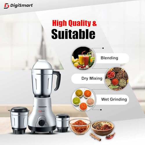 Digismart Kitchen Mate 3 Jar Mixer Grinder for Smoothies, Chutney & Shakes, Long Lasting Shock Proof Abs Body, Powerful 600 Watt Heavy Duty Motor, 2 Years Warranty (Grey and Black) - Image 4