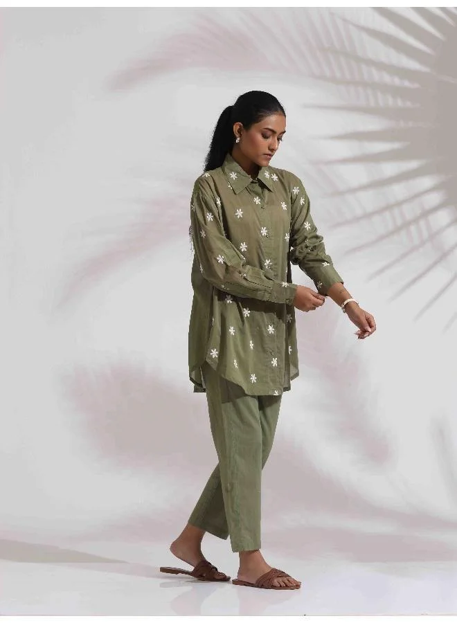 trueBrowns trueBrowns Olive Green Cotton Floral Embroidered Co-ord Set