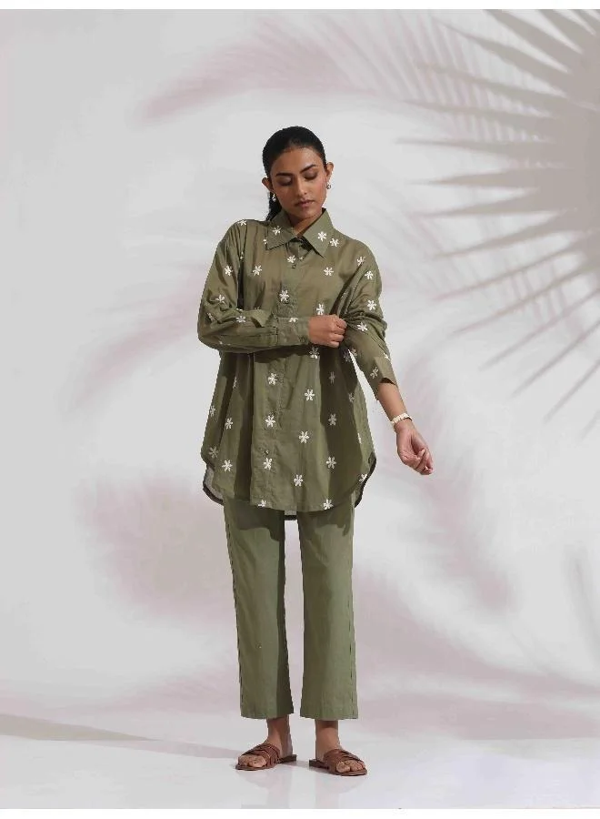 trueBrowns trueBrowns Olive Green Cotton Floral Embroidered Co-ord Set