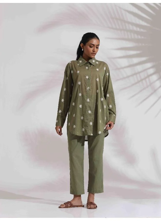 ترو برونز trueBrowns Olive Green Cotton Floral Embroidered Co-ord Set