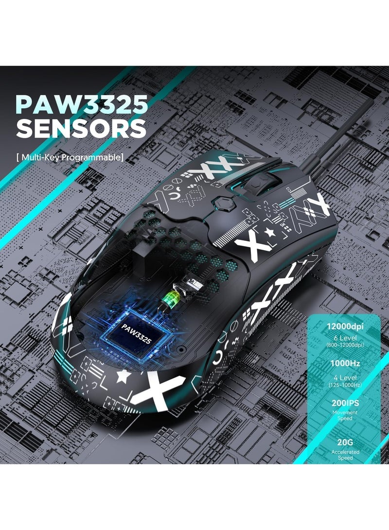 Lightweight Gaming Mouse Wired with Anti Slip Grip Tape, 12000DPI Backlit Mice with 7 ons Programmable, Honeycomb Shell Wired Mouse for PC Gamers and Xbox and PS4 - Image 4