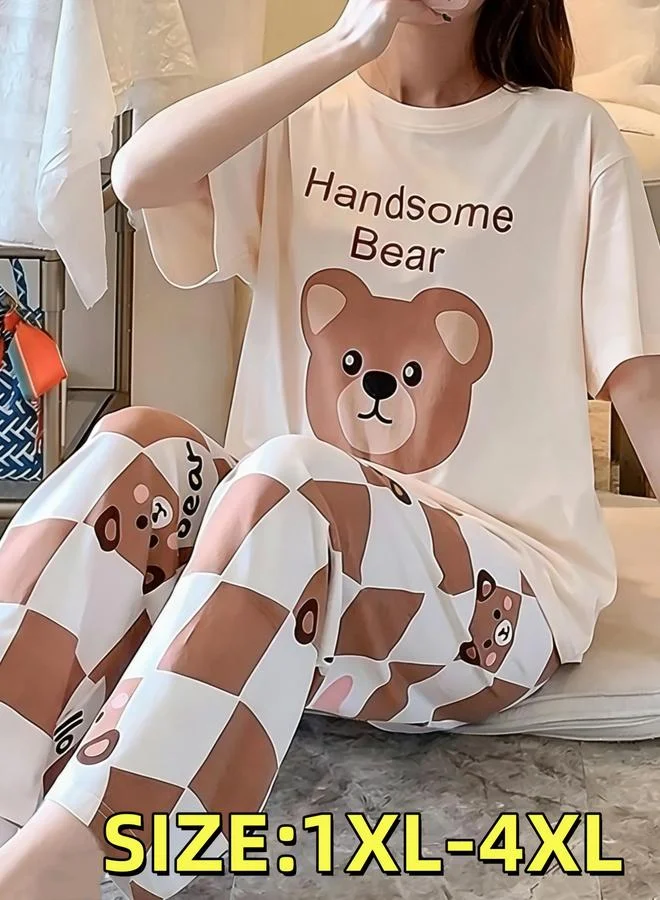 تايك تو طقم بيجاما من بنطال وتيشيرت بطبعة دب مقاس كبير