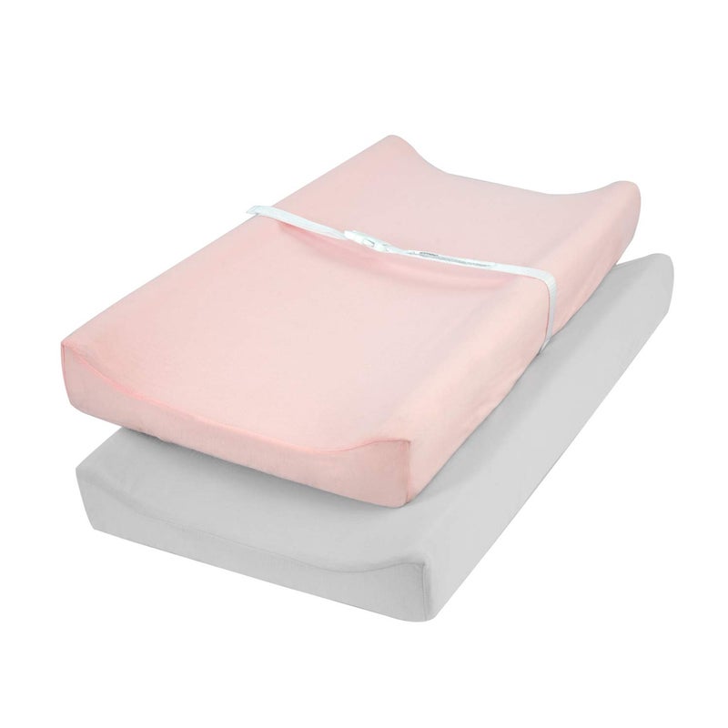 TILLYOU Changing Pad Cover Set in Soft Jersey Material Diaper Changing Table Sheets Fits 3234x16 Contoured Pad for BabiesPeachy Pink Lt Gray