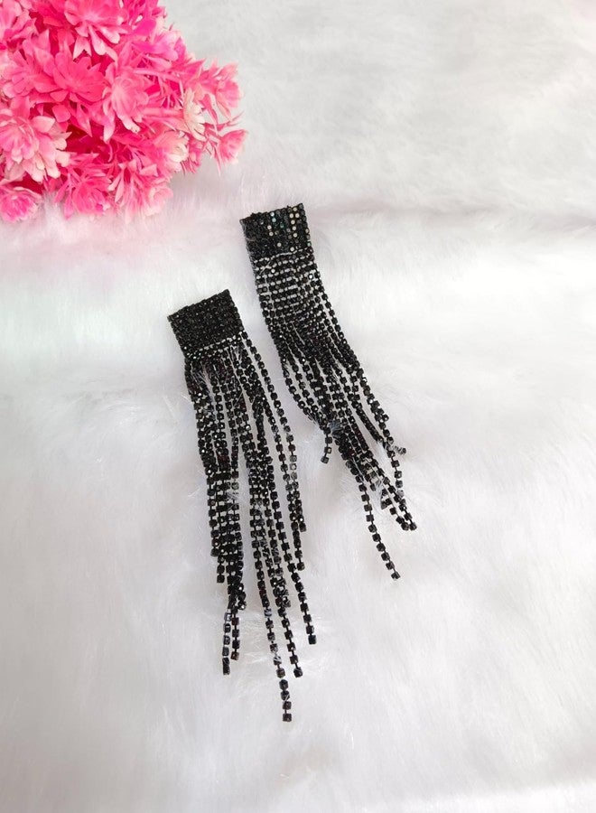 DENICRAAS Stylish Italian Designer Gold Plated Drop Earrings for Women | Rhinestone Crystal Long Tassel Earrings for Women | Bridal Drop Dangling Earrings (Black) - Image 3