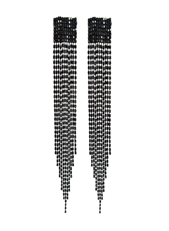 DENICRAAS Stylish Italian Designer Gold Plated Drop Earrings for Women | Rhinestone Crystal Long Tassel Earrings for Women | Bridal Drop Dangling Earrings (Black) - Image 1