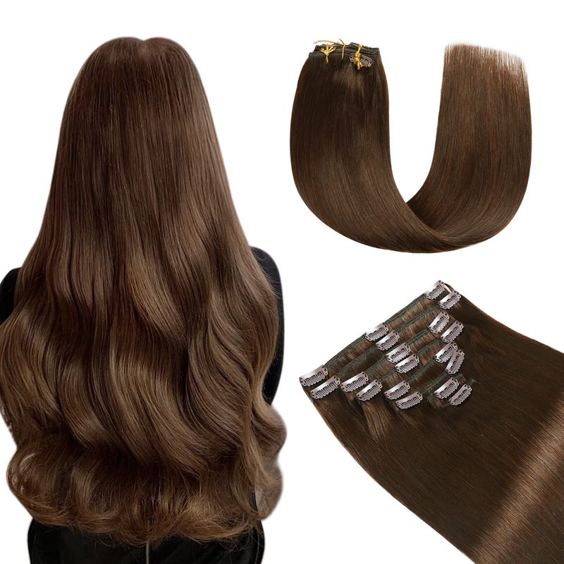 YILITE Hair Extensions Clip in 100 Real Human Hair 8PcsPack 120g Chocolate Brown Thick Silky Straight Remy Human Hair Extensions Clip in Double Weft 18inches 4 Medium Brown