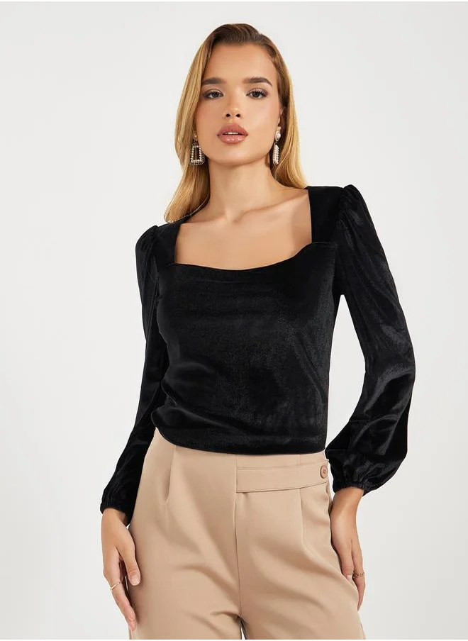 Styli Square Neck Velvet Knit Top with Puff Sleeves