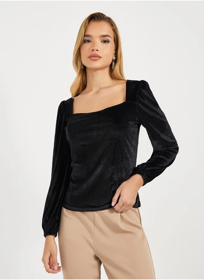Styli Square Neck Velvet Knit Top with Puff Sleeves