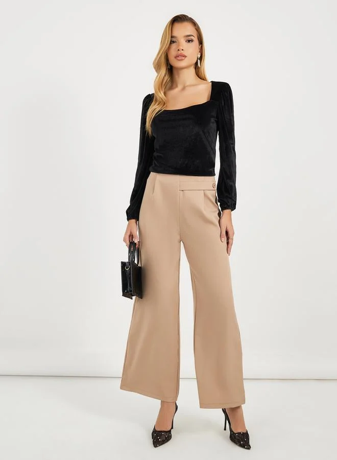 Styli Square Neck Velvet Knit Top with Puff Sleeves